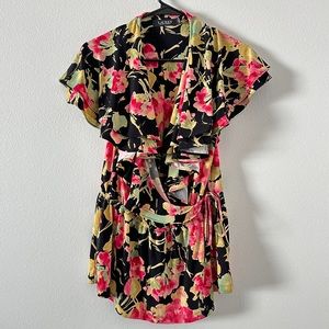 Ralph Lauren Top Womens Sz.M Black Red Ruffle Faux Wrap Floral Blouse